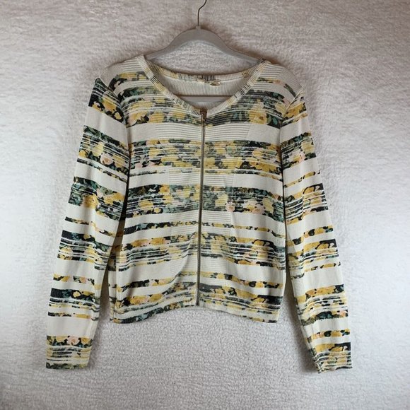 Anthropologie Moth Sweater Womens Medium White Striped Knit Floral Full Zip 7779 - Picture 1 of 8